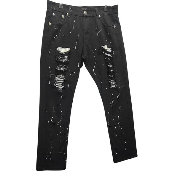 Trestyle Mens Designer Black Paint Splatter White Distressed Skinny Slim Jeans - Picture 1 of 6